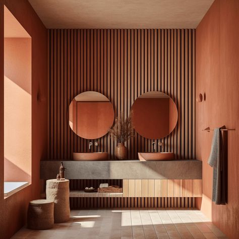 Terracotta Walls Bathroom, Terracotta Bathroom Walls, Terracota Interior, Terracotta Tiles Bathroom, Rust Bathroom, Terracotta Walls, Orange Bathrooms Designs, Orange Bathrooms, Interior Design Courses