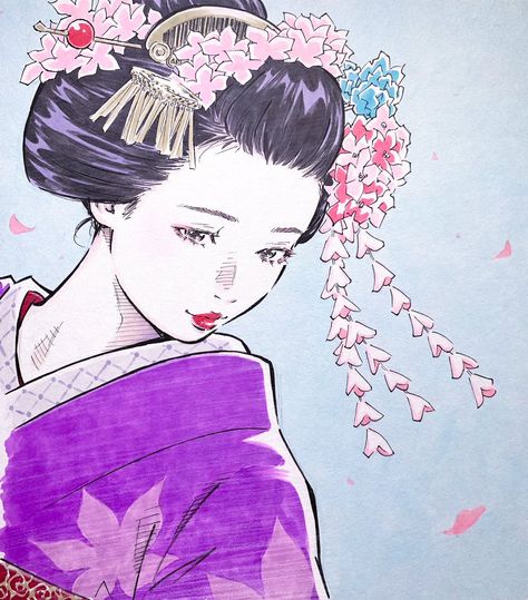 Hair Ideas Reference Drawing, Cute Japanese Characters, Geisha Art Illustrations, Chinese Architecture Drawing, Japanese Character Art, Emphasis Art, Cute Icons Aesthetic, Japanese Maiko, Drawing Japanese