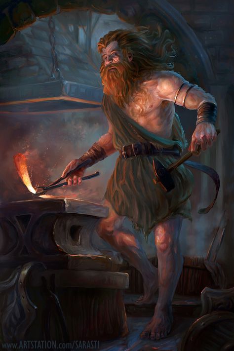 Greek God Hephaestus, Forge Cleric, God Of The Forge, God Hephaestus, Drawing Gif, Fantasy Adventurer, Drawing Process, Commissioned Artwork, Greek God