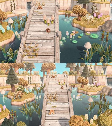 ali 🌿 on Instagram: "a cliff bridge moment 🌷 mods: bridge recolor by @callmerobac water reeds & lilypads, cliff recolor by @doom_mori (twt) museum plants by @_petitlotus pastel hyacinths by @bluebell_dew stumps by @crossing.skirvey" Acnh Modded Island, Acnh Mods, Acnh Museum Exterior, Acnh Idea, Pastel Cottagecore, Pocket Neighborhood, Acnh Cottagecore, Water Island, Animal Crossing Wild World