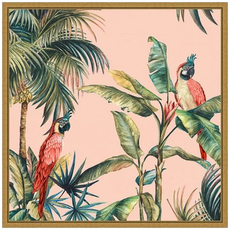 PRICES MAY VARY. CUSTOM CANVAS ARTWORK DETAILS: Tropicano II (Parrot in Palm) by Eva Watts. DESCRIPTION: A duo of colorful parrots rest among the fronds of the tropical trees. Set against a soft pink sky, you are taken to a subtropical locale where the air is just warm enough and just cool enough at the same time. FRAME DETAILS: The canvas is framed in a floated style that showcases a narrow gap between the edge of the gallery-wrapped canvas and the frame. The wrapped canvas appears as if it is Tropical Trees, Colorful Parrots, Pink Sky, Tropical Plants, Framed Canvas, Birds, Art Print, Wall Art, Canvas