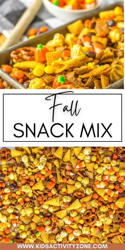 Celebrate autumn with our delicious Fall Snack Mix! It's a mix of Chex cereals, pretzels, Bugles, and caramel corn, sweetened up with Reese's Pieces and candy corn, all tossed in a caramel coating. It's the perfect, simple treat at parties and the kids love helping stir, measure and taste! Candy Corn Chex Mix Recipes, Chex Mix With Candy Corn, Candy Corn Snack Mix Recipes, Fall Chex Mix Recipes Candy Corn, Candy Corn Mix Fall Snacks, Fall Snack Foods, Bugles Snack Mix, Fall Trail Mix Recipe, Fall Chex Mix Recipes