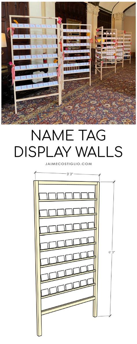 A DIY tutorial to build self standing vertical name tag display wall panels. Perfect for place cards or name tags for any event. Name Tag Display, Tag Storage, Conference Badges, Diy Name Tags, Church Entrance, Event Badges, Diy Seating, Village Ideas, Portable Walls