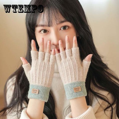 Korean Version of Gloves Winter Female Cute Fingerless Woolen Warm and Cold Student Writing Half-finger Gloves-buy at a low prices on Joom e-commerce platform Knitting Labels, Half Gloves, Cold Weather Gloves, Women's Cycling, Fingerless Gloves Knitted, Cycling Women, Student Writing, Knitted Gloves, Womens Gloves