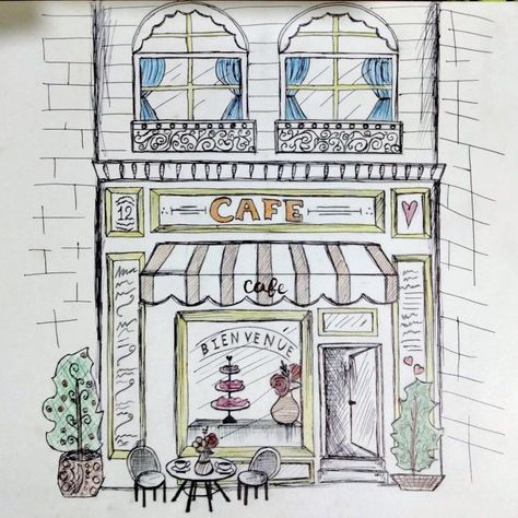 Paris Cafe Sketch, Simple Town Drawing, Coffee Bar Drawing, Cute Town Drawing, Paris Cafe Drawing, Caffe Drawings, Cafe Drawing Easy, Cafe Drawing Aesthetic, Cafe Shop Drawing