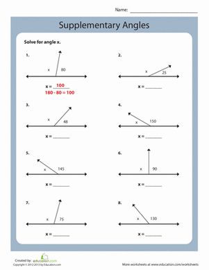 Master your knowledge of supplementary angles with this geometry practice sheet! Remember that supplementary angles add up to make 180 degrees. Complementary And Supplementary Angles, Geometry Angles, Angles Math, Complementary Angles, Supplementary Angles, Angles Worksheet, Teaching Geometry, 3rd Grade Math Worksheets, Geometry Worksheets