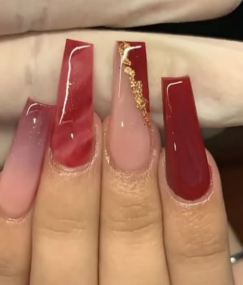 Red Dress Gold Accessories Prom, Red Medium Coffin Acrylic Nails, Acrylic Nails For Red Prom Dress, Dark Cherry Red Nails Acrylic, Burgundy Hoco Nails, Homecoming Red Nails, Cute Red Nails Acrylic Coffin Short, Red And Gold Birthday Nails, Red Medium Length Nails