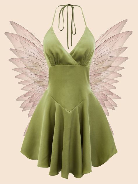 SHEIN Lace Up Backless Flare Hem Halter Dress Hippie Dresses Formal Short, Satin Fairy Dress, Olive Green Homecoming Dress, Green Fairy Outfits, Tinkerbell Inspired Dress, Hoco Dresses Green Flowy, Short Green Dress Formal, Fairy Green Dress, Sage Green Fairy Dress