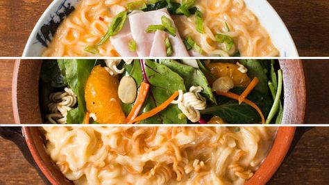 The possibilities are endless with these instant ramen recipe hacks. Ramen Lo Mein, Upgraded Ramen, Instant Ramen Hacks, Ramen Cake, Ramen Spaghetti, Tofu Beef, Japanese Yakitori, Ramon Noodles, Noodles Healthy