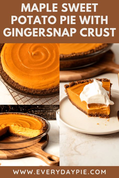 A creamy, decadent, maple sweet potato filling is baked in a gingersnap crumb crust to make for a twist on the classic Southern Pie. This Maple Sweet Potato Pie is perfect served at a holiday gathering. Maple Sweet Potato Pie, Sweet Potato Pie With Gingersnap Crust, Eggnog Sweet Potato Pie, Sweet Potato Pie With Graham Cracker Crust, Sweet Potato Pie Graham Cracker Crust, Sweet Potato Pie With Graham Crust, Sweet Potato Pie Crust, Desert Pies, Sweet Potato Pie Recipes