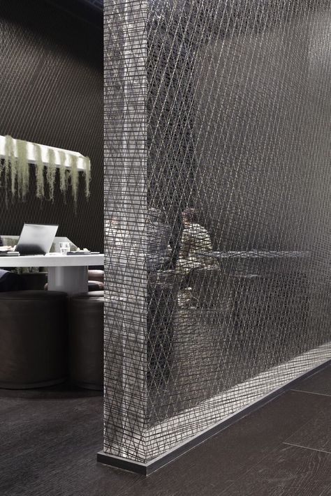 Wire mesh divider wall Room Partition Wall, Divider Design, Divider Wall, Room Partition, Partition Wall, Commercial Interiors, Retail Design, Interior Walls, Exhibition Design