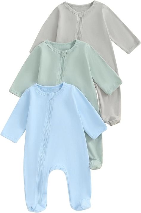 Amazon.com: Baby Footed Pajamas Pack Infant Sleepers Zipper Onesie Newborn Coming Home Outfit (Grey/Green/Blue,Newborn) : Clothing, Shoes & Jewelry Plain Jumpsuits, Playsuits Outfit, Outfit Grey, Newborn Coming Home Outfit, Newborn Clothing, Baby Coming Home Outfit, Zipper Jumpsuit, Newborn Baby Clothes, Footed Pajamas