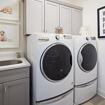 Front Loaders On Pedestals, Laundry Room With Front Loaders, Gray Laundry Room Cabinets, Gray Laundry Room, List Design Ideas, Laundry Powder Room, Washer And Dryer Pedestal, Traditional Laundry Room, Grey Laundry Rooms