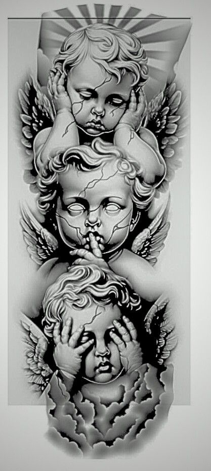 See No Evil Angel Tattoo, See No Evil Speak No Evil Tattoo Angels, Baby Angels Tatoos, Tattoo For Angel Baby, Cherubim Tattoo, Evil Angel Tattoo, Gray Wash Tattoo, Angelic Tattoos, Cherubim Angels Tattoo