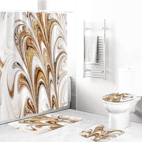 3 Likes, 0 Comments - StayHome Decor (@stayhomedecor.design) on Instagram: “Time to add some glamour to your bathroom? Get this matching shower curtain, two bath mats, and…” White Marble Shower, Marble Bathroom Decor, Bathroom Sets Shower Curtains, Interior Barn Door Hardware, Marble Shower Curtain, Geometric Shower Curtain, Marble Showers, Shower Curtain Sizes, Toilet Lid Cover