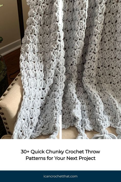 30+ Chunky crochet throw patterns on a cozy chair for your next project. Chunky Crochet Throw Pattern, Chunky Crochet Throw, Chunky Blanket Pattern, Easy Blanket Pattern, Bulky Yarn Crochet, Chunky Yarn Blanket, Chunky Crochet Blanket Pattern, Crochet Throw Pattern, Throw Blanket Pattern