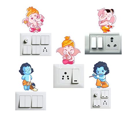 Flat 83% off on Decor Production Switch Board Sticker PVC Vinyl Wall Sticker Baby Room Wall Art Fridge Sticker Light Switches Sticker (Set of 5) Switchboard Painting, Wall Draw, Switchboard Art, Switch Board Art, Ganesha Design, Simple Wall Paintings, Switch Board, Playing Flute, Light Switch Sticker