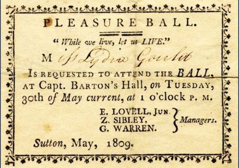 A dance invitation from the early 1800s. On The Wings Of Love, Georgette Heyer, Social Dance, Regency Romance, Regency Era, Keep It Real, Old Paper, Vintage Labels, Pride And Prejudice