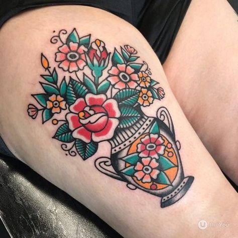 Floral Vase Tattoo, Traditional Flower Bouquet Tattoo, Traditional Flower Vase Tattoo, Vase Of Flowers Tattoo, Flower Garden Tattoo, Traditional Flowers Tattoo, Flower Pot Tattoo, Traditional Tattoo Vase, Flower Vase Tattoo