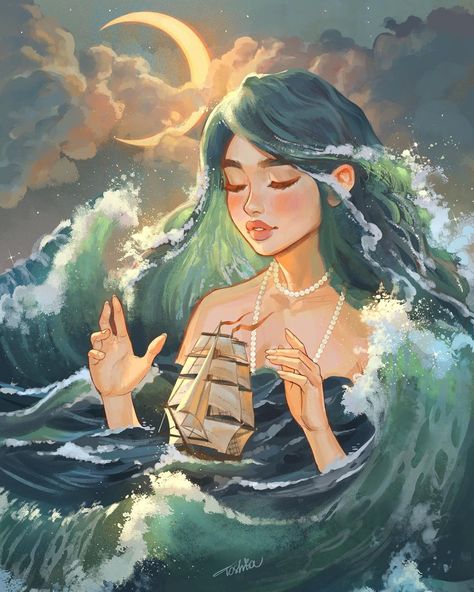 Beautiful Goddess Art, Ocean Art Aesthetic, Ocean Drawing Simple, Ocean Illustration Art, Surreal Art Beautiful, Fairy Reference, Toshiasan Art, Goddesses Art, Love Character Design