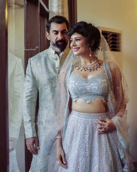 Pooja Batra’s Wedding Just Went Viral And We Are Gushing Over It! Powder Blue Outfit, Blue Bridal Lehenga, Blue Sherwani, Blue Lehenga, Blue Bridal, Looking Dapper, Groom Wear, Blue Outfit, Bridal Lehenga