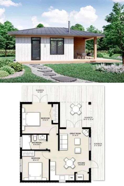 Two Bedroom Tiny House, One Bedroom House Plans, Guest House Small, Backyard Guest Houses, Guest House Plans, Small Cottage House Plans, One Bedroom House, Building A Tiny House, Best Tiny House