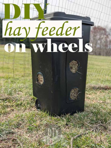 This easy goat hay feeder is PERFECT because it's on wheels and holds an entire bale of hay. It will keep your hay mostly dry while allowing your goats access to hay. CLICK to find out how I built it and TAG me on IG with photos of your finished feeder! #goats #DIY Hay Feeder For Goats, Diy Hay Feeder, Goat Hay Feeder, Hay Feeder For Horses, Goat Feeder, Bale Of Hay, Goat Playground, Keeping Goats, Livestock Shelter