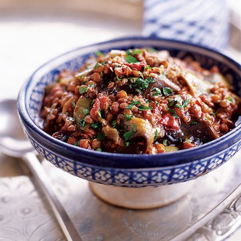 Eggplant and Lentil Stew with Pomegranate Molasses Recipe - Ayfer T. Ünsal, Paula Wolfert, Musa Dagdeviren | Food & Wine Best Recipes Ever, Molasses Recipes, French Green Lentils, Western Asia, Pomegranate Molasses, Lentil Stew, Healthy Breakfasts, Bean Stew, Food Options