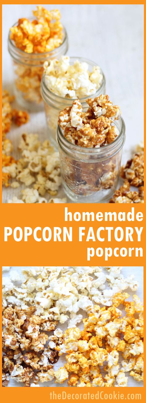 Homemade Popcorn Factory Popcorn! Make your own trio of popcorn flavors, buttered, caramel, and cheddar. Great homemade food gift idea. Popcorn Factory, Popcorn Flavors, Buttered Popcorn, Cheese Popcorn, Cheddar Popcorn, Party Bites, Entertaining Food, Savoury Snacks, Homemade Popcorn