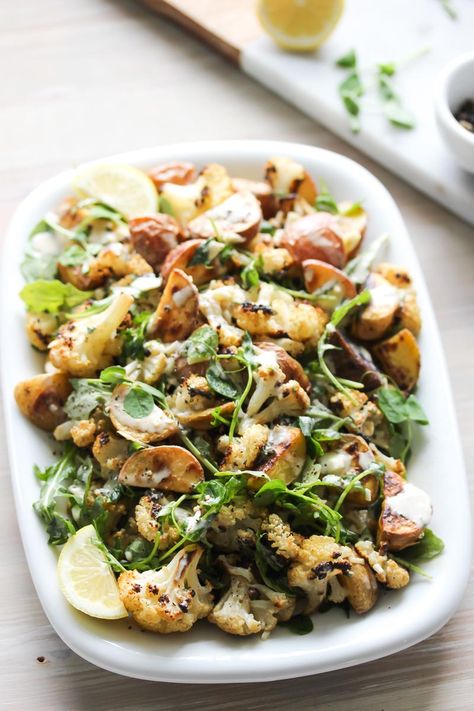 Roasted Cauliflower and Potato Salad with Tarragon Tahini Wfpb Salad, No Mayo Potato Salad, Mayo Potato Salad, Tarragon Dressing, Cauliflower And Potato, Tarragon Recipes, Dishing Out Health, Cauliflower Potatoes Salad, Tahini Recipe