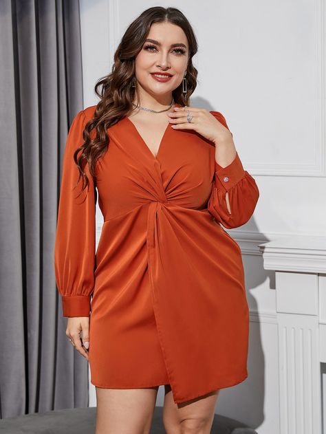 Burnt Orange Casual  Long Sleeve Polyester Plain Fitted Embellished Non-Stretch Spring/Summer Plus Size Dresses Simple Dress Styles, Plus Size Short Dresses, Big Size Dress, Twist Front Dress, Asymmetrical Hem Dress, Orange Satin, Shein Outfits, Seductive Clothes, Shein Dress