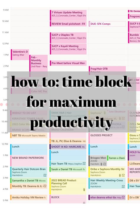 Read more about how to stay productive & how effectively adapt time blocking your calendar each week! Organize Outlook Calendar, Time Blocking Work Schedule, Time Blocking Apple Calendar, Outlook Calendar Color Scheme, Time Blocking With Outlook, Organization Work Productivity, Time Blocking Tips, Realtor Time Blocking, How To Time Block