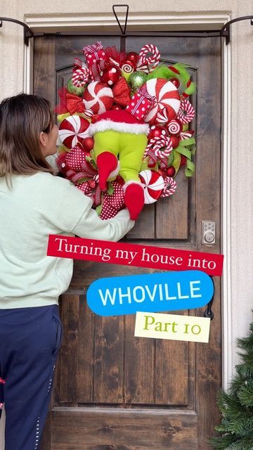 Front Porch Grinch Christmas Decor, Outside Grinch Christmas Decorations, Wreaths By Waldo, Whoville Christmas Decorations Diy Dollar Stores, Grinch Wreaths Diy, Grinch Christmas Wreath Ideas, Outdoor Grinch Christmas Decor, Grinch Front Porch Decorations, Grinch Front Door Decor