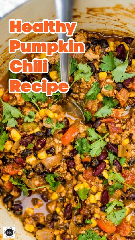 This Healthy Pumpkin Chili is a chili recipe with a hint of pumpkin, and packed with veggies and beans. Delicious served with cornbread! Pumpkin Chili In A Pumpkin, Chili With Pumpkin, Buffalo Chicken Chili Recipe, Buffalo Chicken Chili, Turkey Pumpkin Chili, Pumpkin Chili Recipe, Buffalo Chicken Soup, Clean Meals, With Cornbread