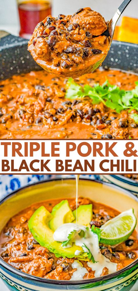 Triple Pork Black Bean Chili - Three types of pork including bacon, pork roast, and chorizo plus black beans and more in this comforting, hearty, and filling chili recipe! Easy and perfect for chilly weather, family dinners, or make it for game day or tailgating parties! Pork Chili Recipe, Pork Chorizo, Pulled Pork Chili, Chorizo Chili, Pork Chili, Hearty Chili, Black Bean Chili, Bean Chili, No Bean Chili