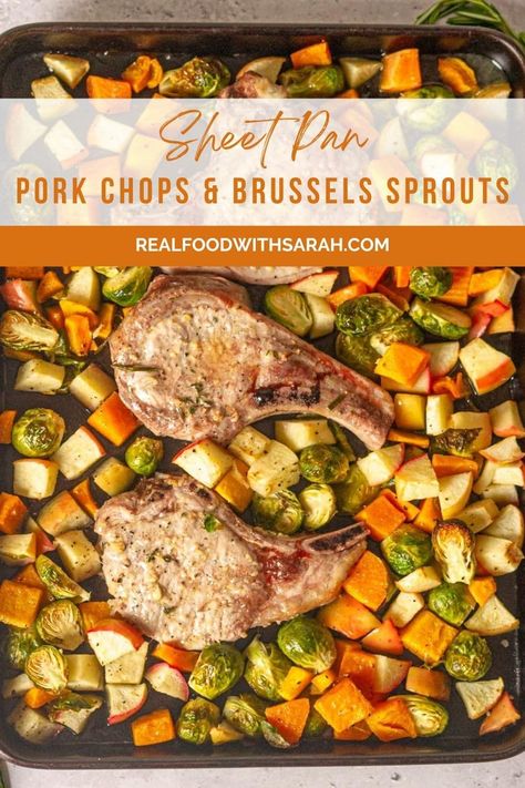 This pork chops sheet pan dinner is a super easy meal. It's full of flavor and made with apples, brussels sprouts and butternut squash for the best fall dinner! Bone In Pork Chop Sheet Pan Dinner, Sheet Pan Pork Chops, Chopped Brussel Sprouts, Sheet Pan Pork, Pork Chops With Apples, Pan Pork Chops, Marinated Pork Chops, Apple Pork Chops, Pork Chop Dinner