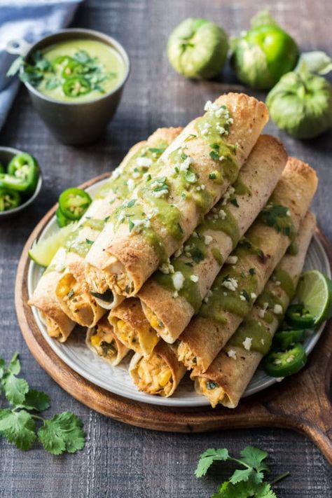 Roasted Chicken Verde Taquitos - Give it Some Thyme Authentic Taquitos, Roasted Tomatillo Salsa Verde, Chicken Verde, Roasted Tomatillo Salsa, Poblano Pepper, Taquitos Recipe, Roasted Tomatillo, Recipes Authentic, Mexican Cheese