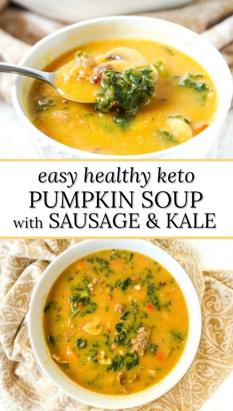 Pumpkin Sausage Soup Recipe, Keto Pumpkin Soup, Pumpkin Sausage Soup, Cauliflower Cream, Pumpkin Sausage, Sausage And Kale Soup, Sausage And Kale, Creamy Pumpkin Soup, Low Carb Soup Recipes