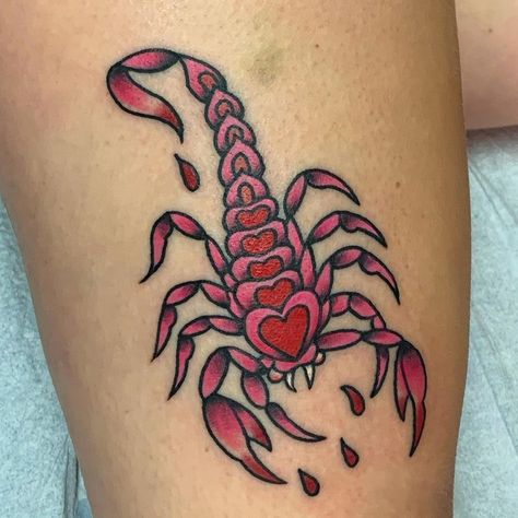 Traditional Red Tattoo, Scorpion Heart Tattoo, Traditional Tattoo Wrist, Valentines Tattoo, Scorpio Zodiac Tattoos, Pink Tattoo, Scorpio Tattoo, Tattoos Mandala, Hip Tattoos Women