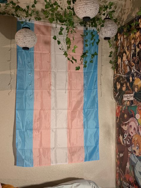 Trans Flag On Wall, Binder Aesthetic Trans, Trans Masc Flag, Trans Flag Aesthetic, Emo Bedroom Aesthetic, Ftm Aesthetic, Transmasc Flag, Gay Bedroom, Flag On Wall