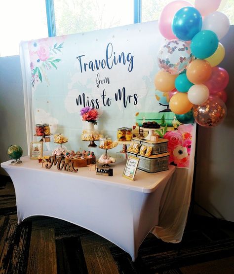 Traveling From Miss To Mrs Shower Ideas, Traveling From Miss To Mrs, Bridal Shower Treats, Travel Theme Bridal Shower, Travel Bridal Showers, Around The World Theme, Treat Table, Miss To Mrs, Shower Diy