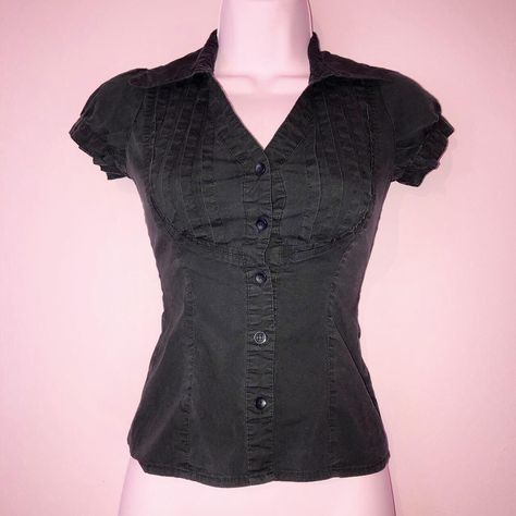 y2k corset style button up t shirt from urban... - Depop Button Up Shirt Y2k, Corset With Button Down Shirt, Interview Clothes, Button Up T Shirt, Clothes Alterations, Y2k Corset, Black Button Up Shirt, Sixth Form, Upcycle Clothes Diy