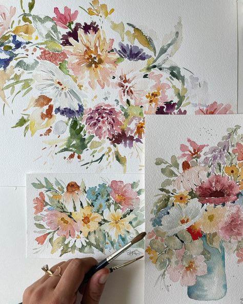 A few loosely painted creations. ♥️ Love making artwork in this style!! These are all sold, but I could be convinced to make a few more like them.. 🙃 Painting Of Wedding, Wedding Bouquet Painting, Loose Florals, Cotton Watercolor, Bouquet Painting, Floral Watercolor Paintings, Paper Gifts Anniversary, Watercolor Bouquet, Original Watercolor Art