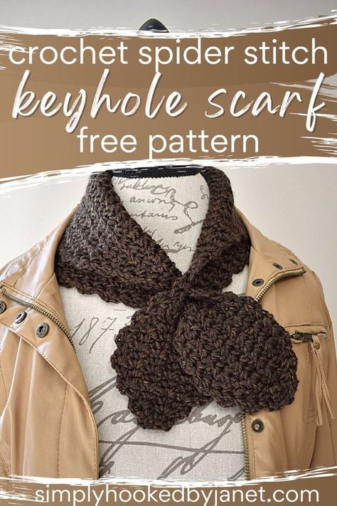 Keyhole Scarf Pattern Free, Keyhole Scarf Pattern, Crochet Blanket Scarf, Spider Stitch, Keyhole Scarf, Crochet Snood, Crochet Wrist Warmers, Crochet Cowl Free Pattern, Crochet Bow