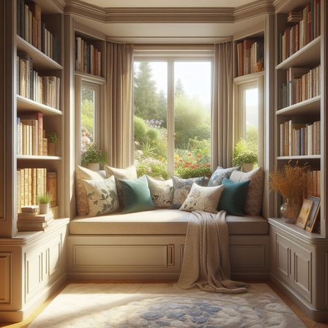 Book Window Seat, Window Seat Library, Under Window Seating, Window Couch, Tiny Library Room, Library Windows, Cozy Window Nook, Window Seat Ideas, Cozy Home Library