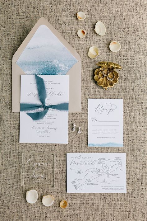 Nautical Beach-Inspired Wedding Invitations with Calligraphy Coastal Wedding Invitations, Montauk Wedding, Wood Wedding Arches, Romantic Beach Wedding, Wedding Color Combos, Dream Wedding Decorations, Beach Wedding Inspiration, Wedding Color Inspiration, Romantic Beach