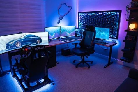 Racing Bedroom, Cool Gaming Rooms, Small Room Setup, Modern Home Offices, Pc Gaming Setup, Video Game Room Design, Racing Simulator, Bedroom Setup, Work Room