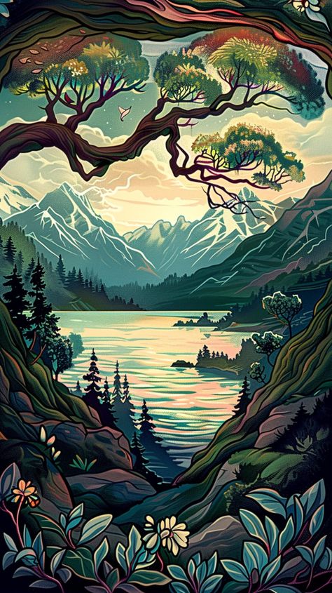 Immerse yourself in the beauty of nature with our collection of Art Nouveau landscape paintings. Each piece captures scenic and picturesque views of mountains, oceans, and forests, blending the elegance of Art Nouveau with the tranquility of the natural world.  Our high-definition artworks are perfect for adding a touch of serenity and sophistication to any space. Discover the harmonious blend of flowing lines, intricate details, and vibrant colors that bring these enchanting landscapes to life. Art Nouveau Landscape, Layered Landscape, Surrender To God, Adventure Aesthetic, Wall Drawing, Art Gallery Wallpaper, Korean Art, Landscape Illustration, Arts And Crafts Movement