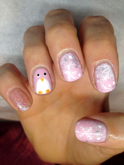 Pink penguin Pink Penguin Nails, Penguin Nails, Pink Penguin, Christmas Nail Designs, Christmas Nail, 1st Bday, Winter Nails, Christmas Nails, Toe Nails