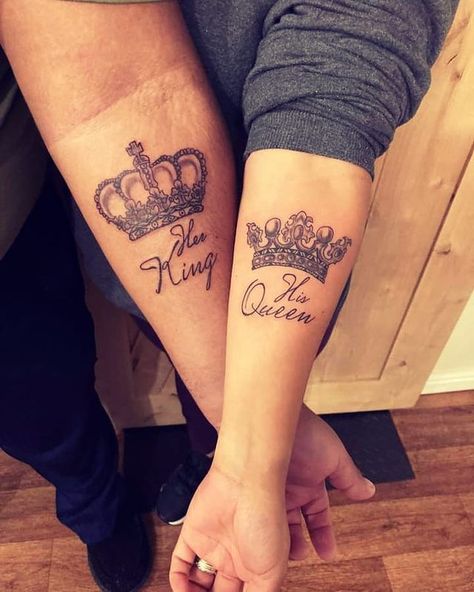 King and Queen Tattoos For Couples Her King Tattoo, His Queen Her King Tattoo, King And Queen Tattoo, Simple Couples Tattoos, Couple Tattoo Quotes, Skull Couple Tattoo, Queen Tattoos, Couple Tattoo Ideas, Him And Her Tattoos